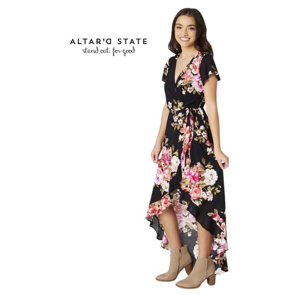 NEW Altar'd State - High/Low Maxi Dress Black with Red & Pink Flowers! - Picture 2 of 11